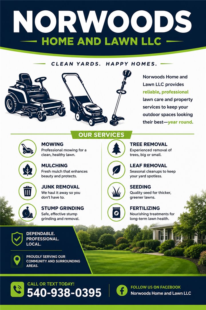 Norwoods Home and Lawn LLC lawn care services in the Charlottesville VA area: mowing, mulching, tree removal, leaf removal, and more